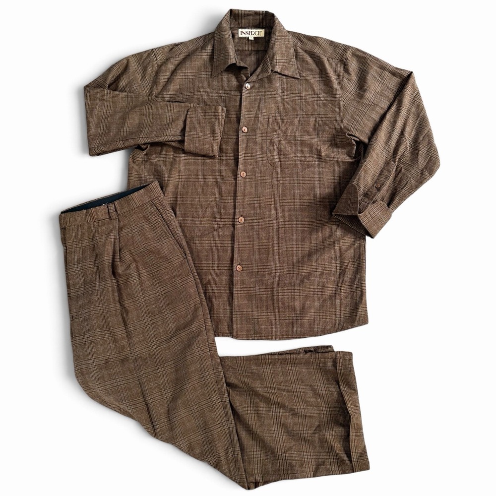 Vintage Inserch Mens Shirt  Trousers Set Relaxed Fit Brown Plaid Casual XL 40